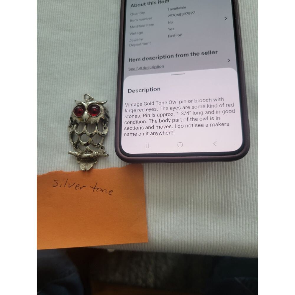 Vintage Silver Tone Owl Pin or Brooch with Large Red Eyes - Picture 7 of 7